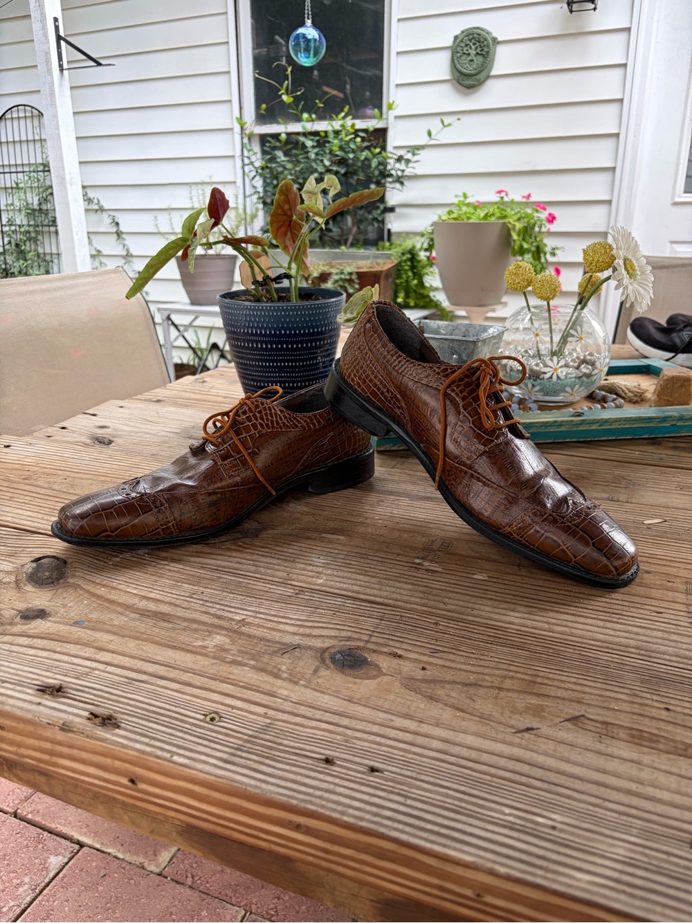 Stacy Adams Men’s 9.5W Brown Croc Embossed Leather Wingtip Oxford Dress Shoes